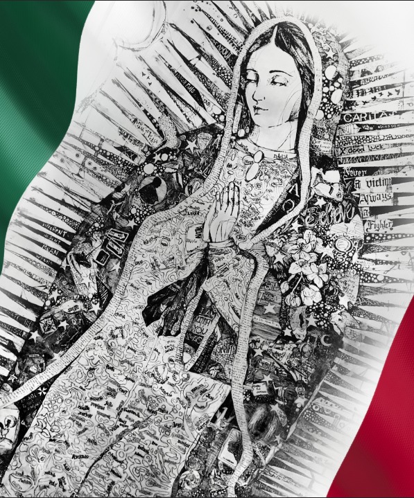 La Virgen de los Migrantes against the Mexican flag